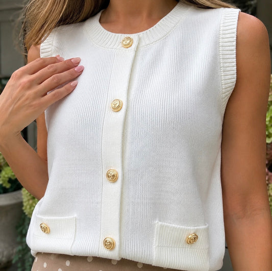 White Solid Color Sleeveless Knit Button Pocketed Sweater - PREORDER