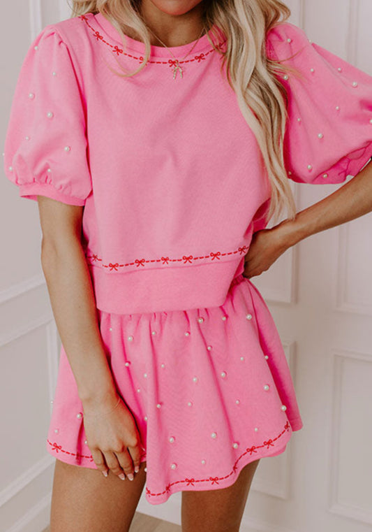 Pink Contrast BowsTrim Pearl Embellished Blouse and Skort 2pcs Set PREORDER ETA MARCH-APRIL