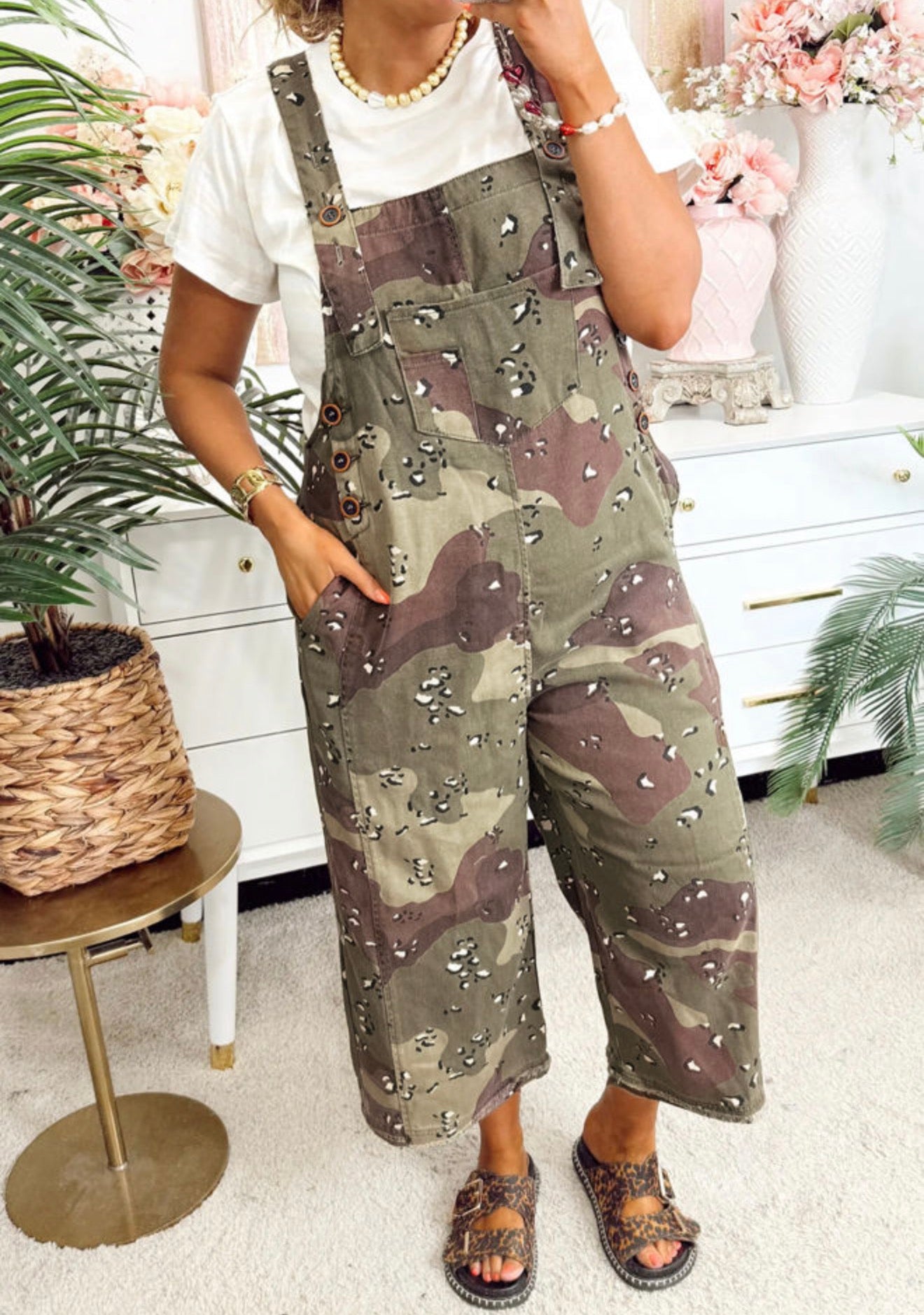 Green Camouflage Print Leopard Detail Loose Denim Overall Cropped Jumpsuit