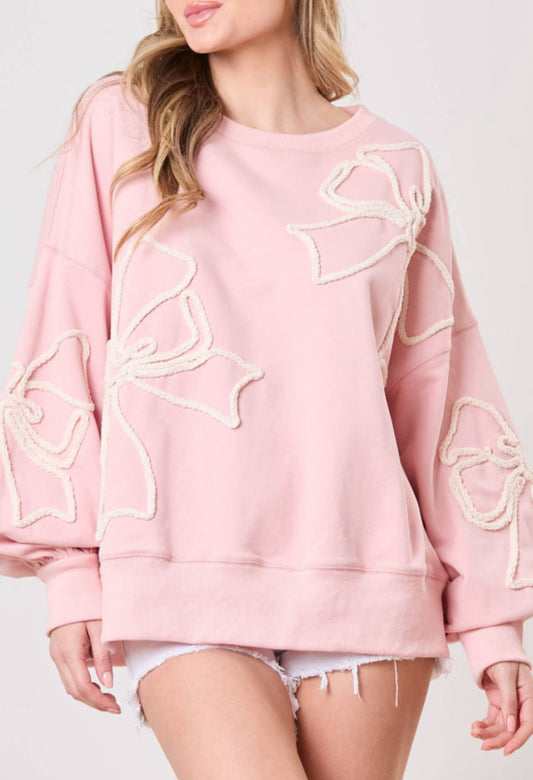 Light Pink Bow Thread Embroidery Ribbed Edge Sweatshirt