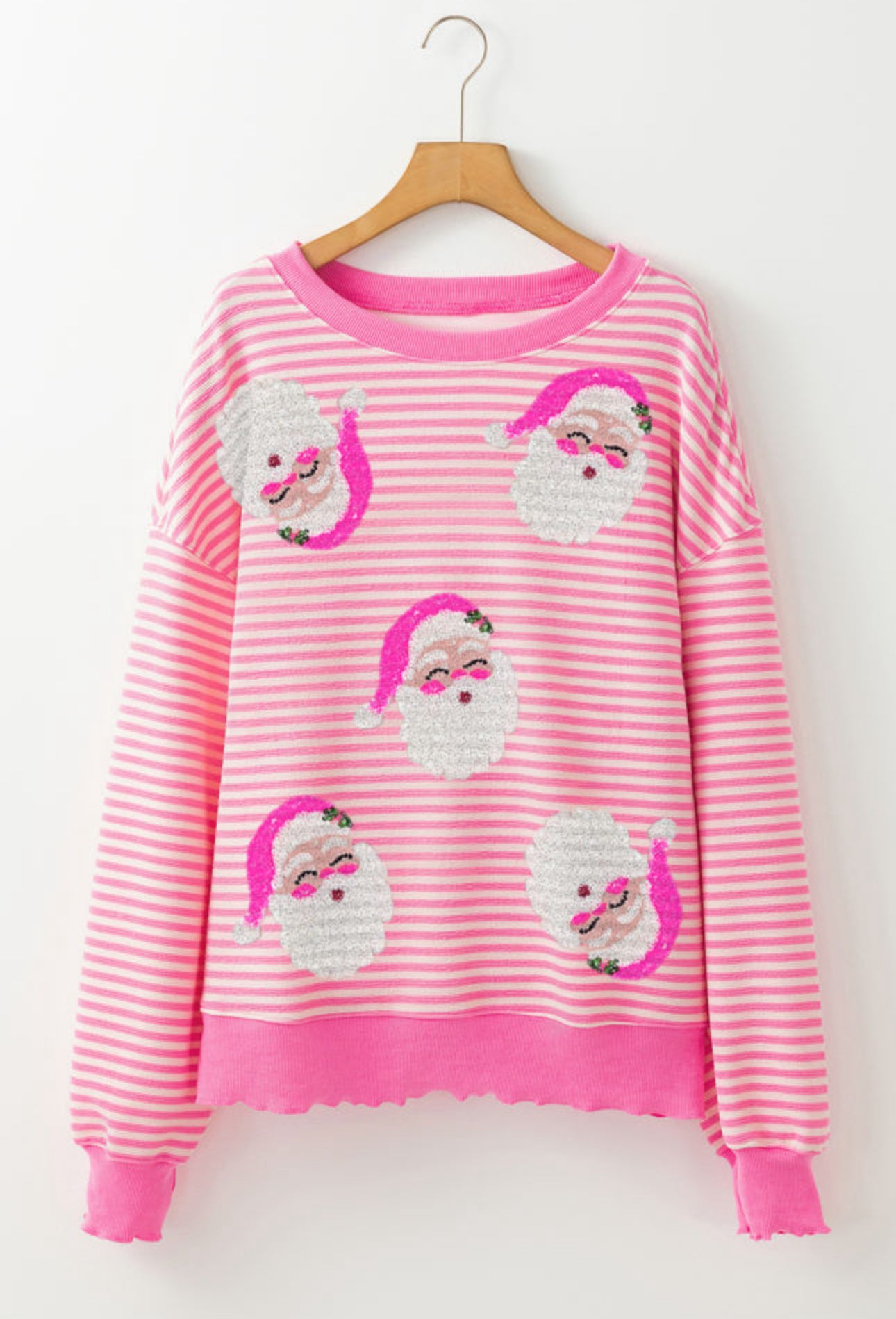 Pink Stripe Santa Clause Print Long Sleeve Oversized Top