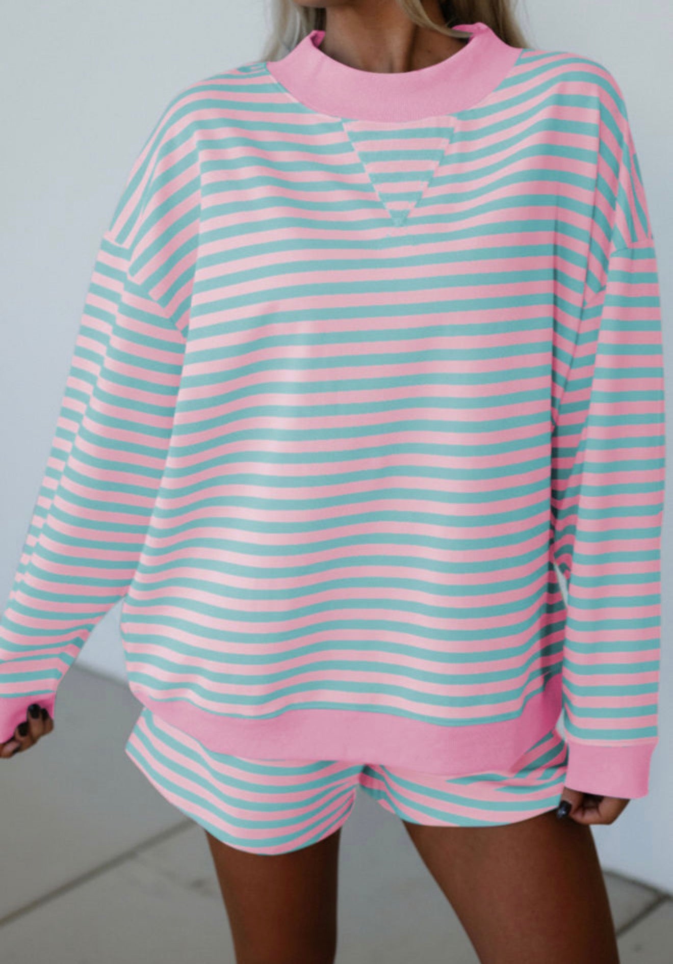 Pink Mock Stripe Color Block Detail Long Sleeve Pullover Elastic Waist Pull On Shorts 2pcs Set
