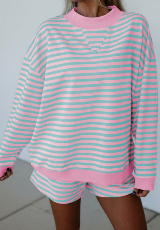Pink Mock Stripe Color Block Detail Long Sleeve Pullover Elastic Waist Pull On Shorts 2pcs Set