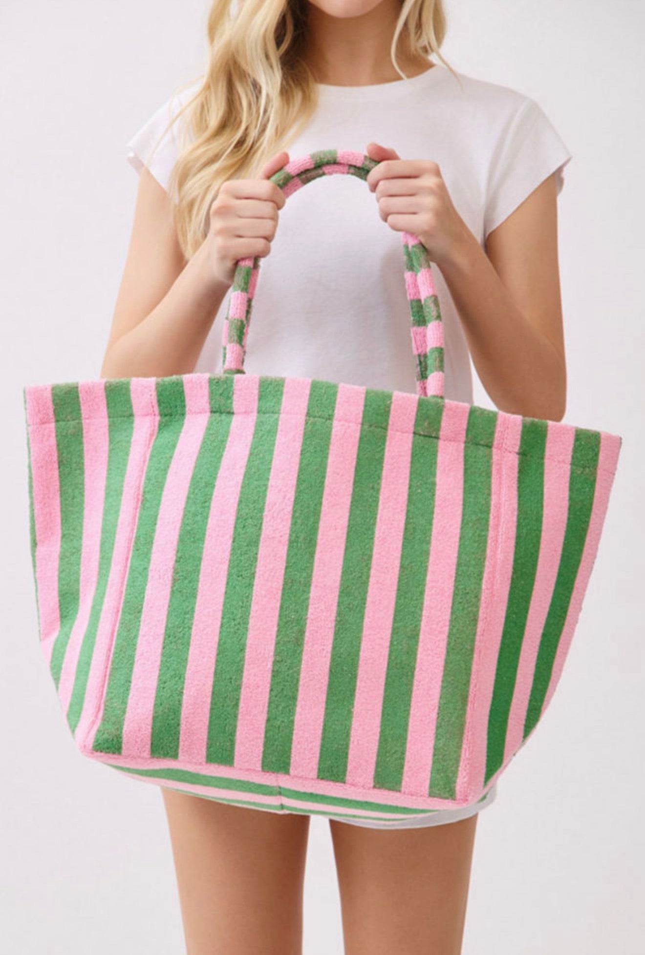 Green Stripe Terry Large Beach Tote Bag