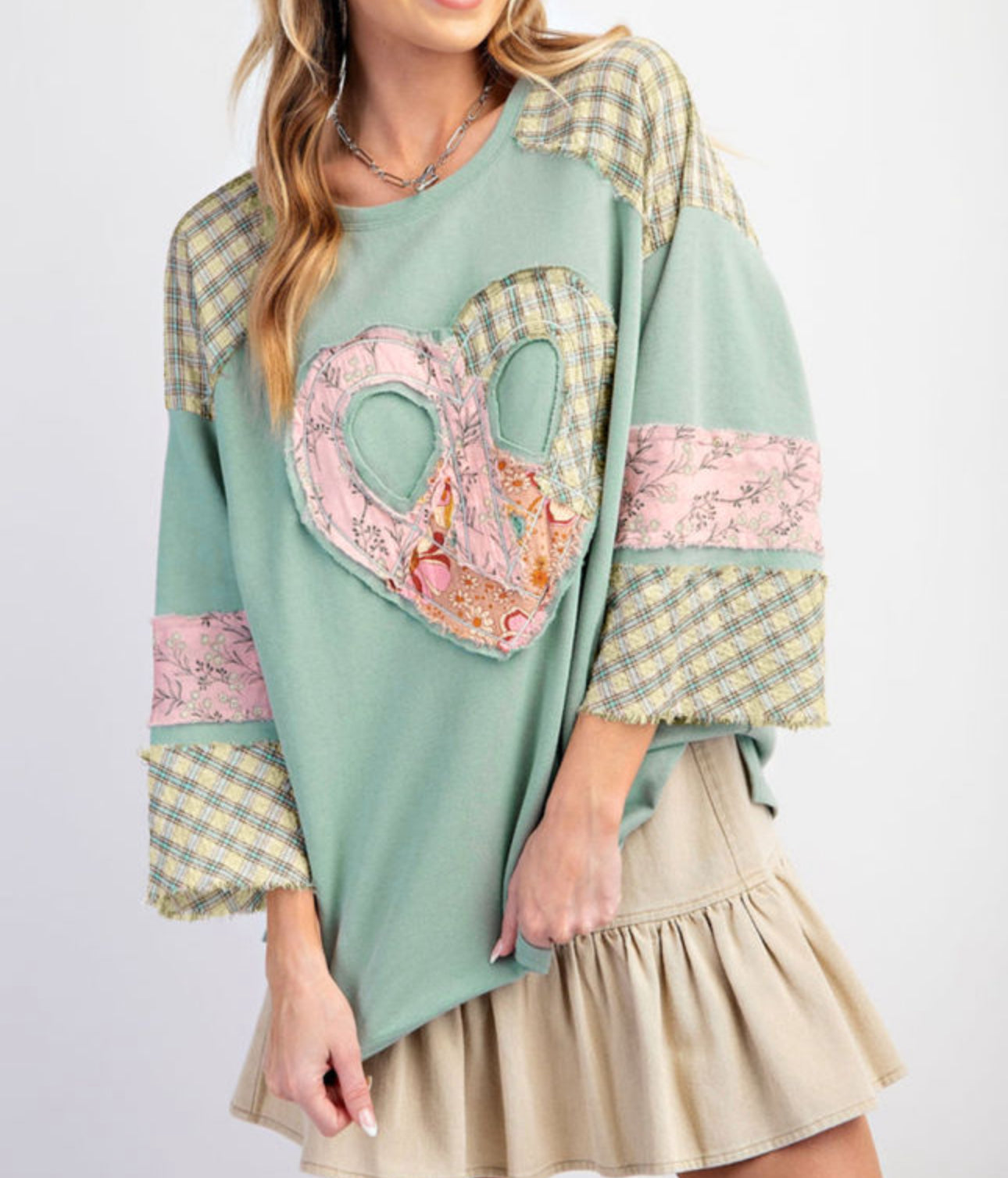 Clearly Aqua Plaid Floral Peace Heart Graphic Wide Long Sleeve Top