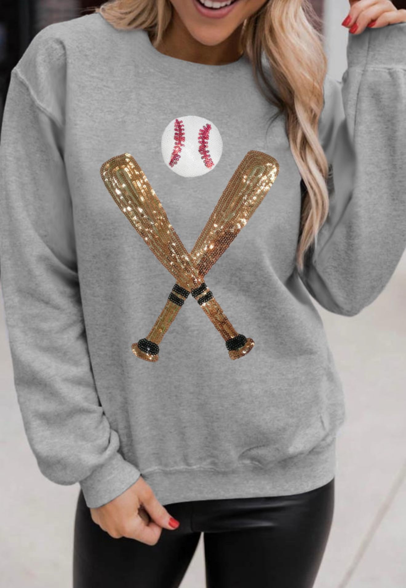 Gray Sequin Baseball Graphic Crewneck Game Day Sweatshirt PREORDER