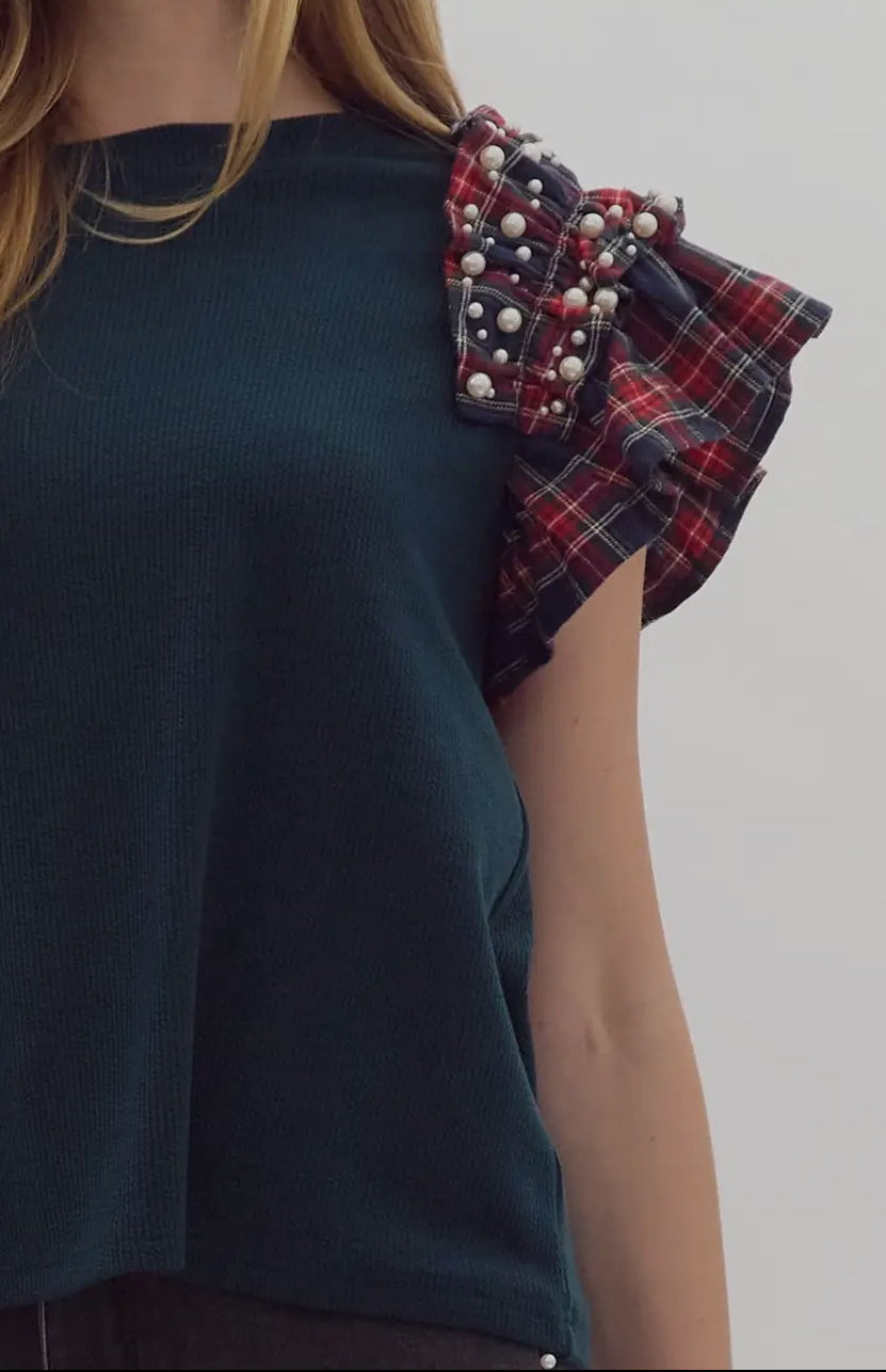 Plaid Ruffled Sleeves and Pearl Top