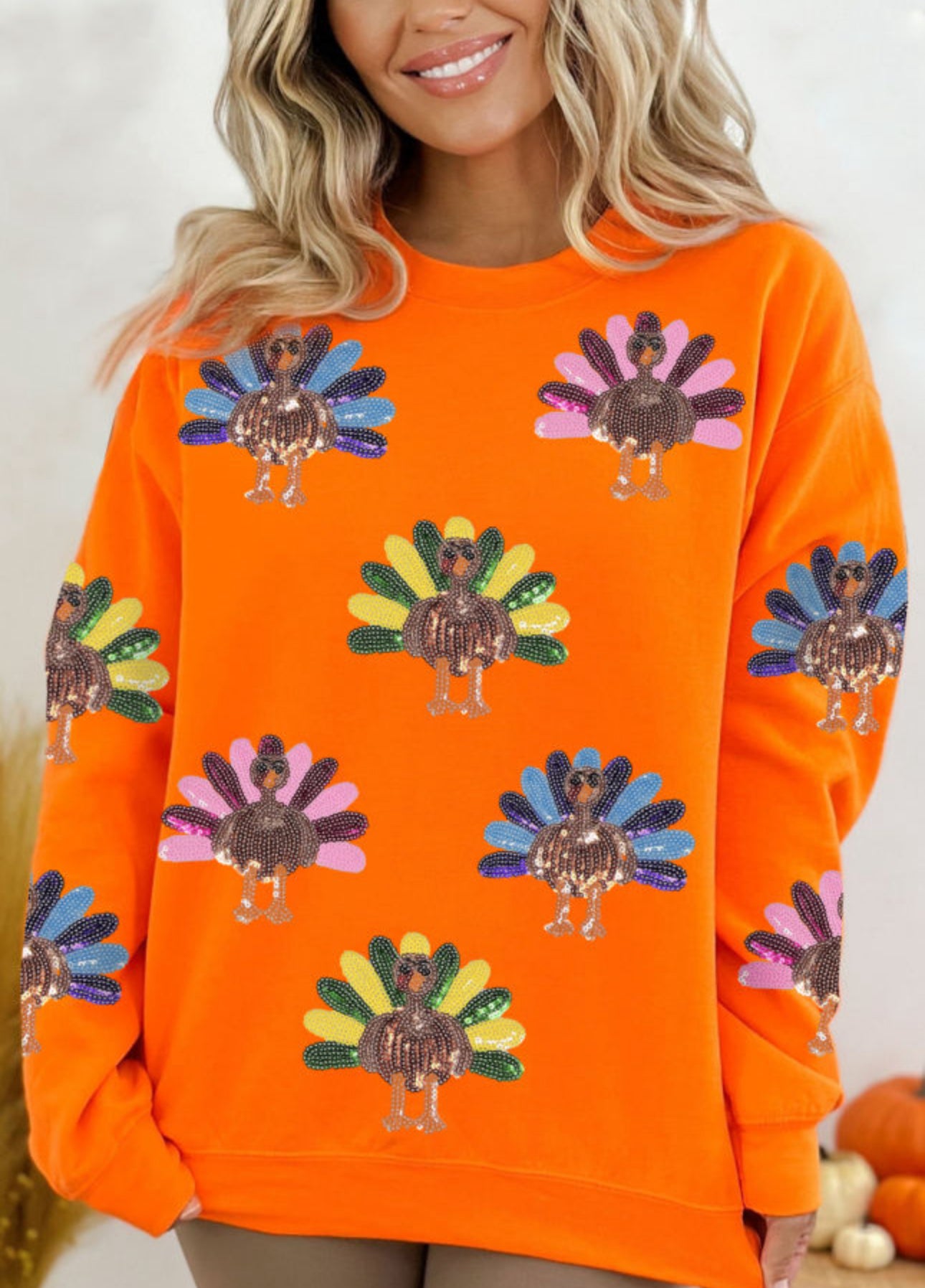 Orange Colorful Sequin Turkey Thanksgiving Graphic Sweatshirt