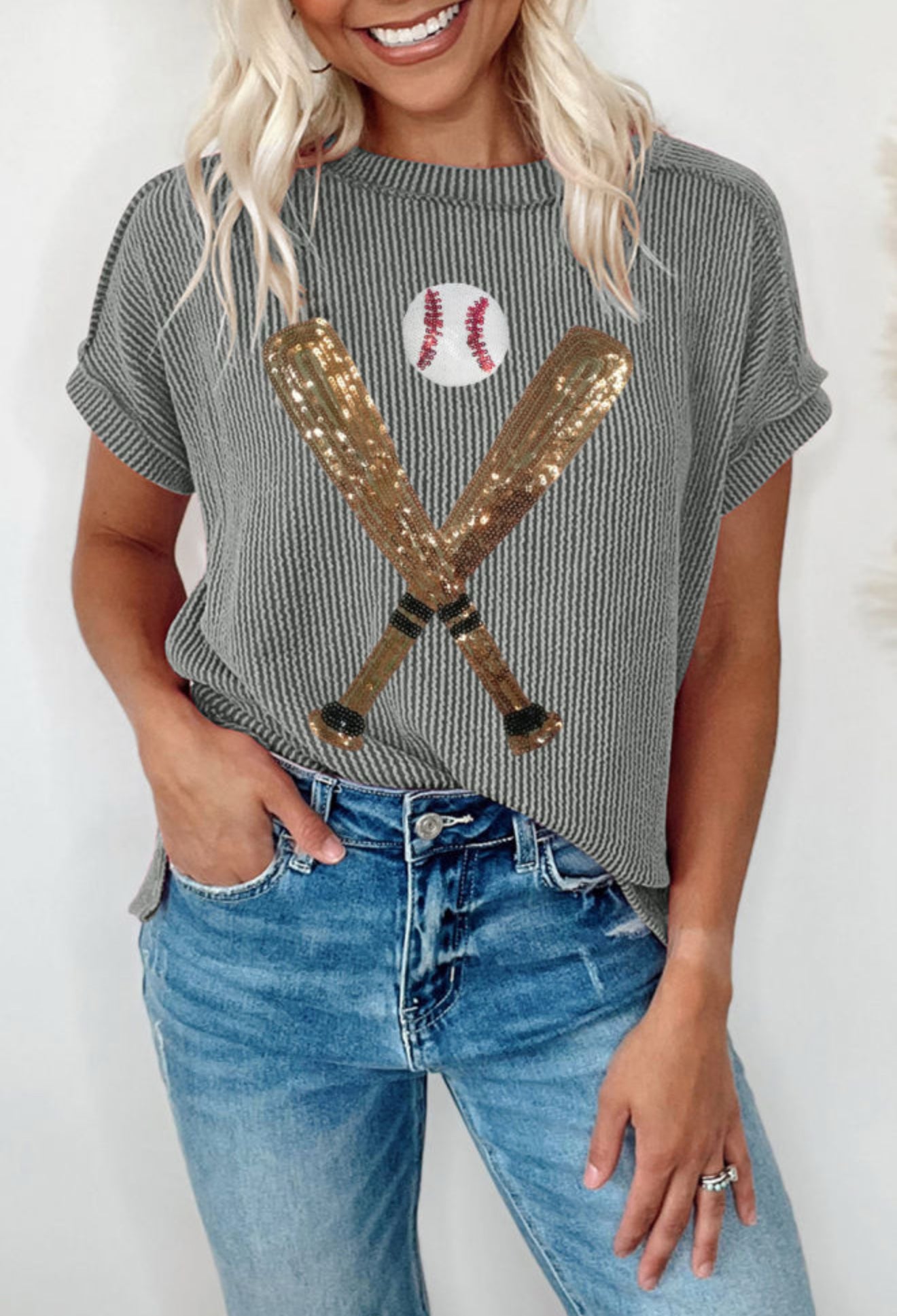 Grey Sequin Baseball Crewneck T Shirt PREORDER