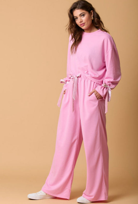 Bonbon Solid Color Drawstring Long Sleeve Top and Pants Set