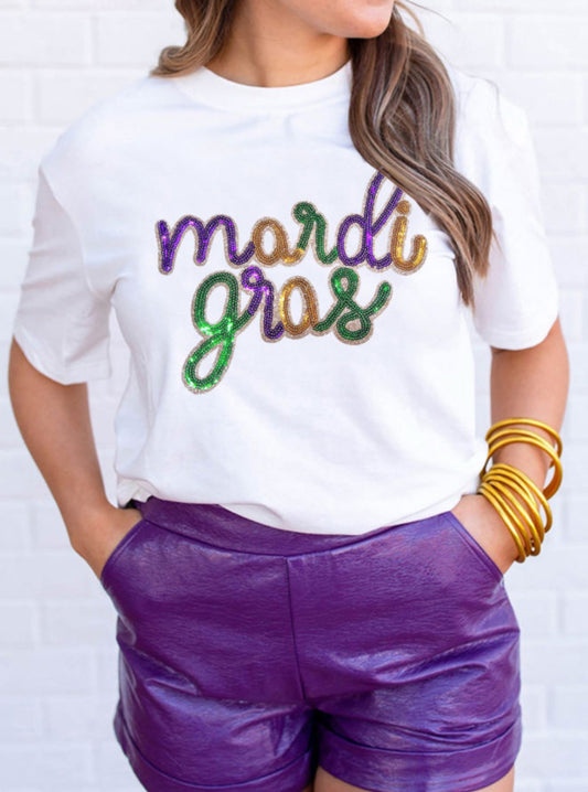 White Sequin mardi gras Graphic Shirt PREORDER