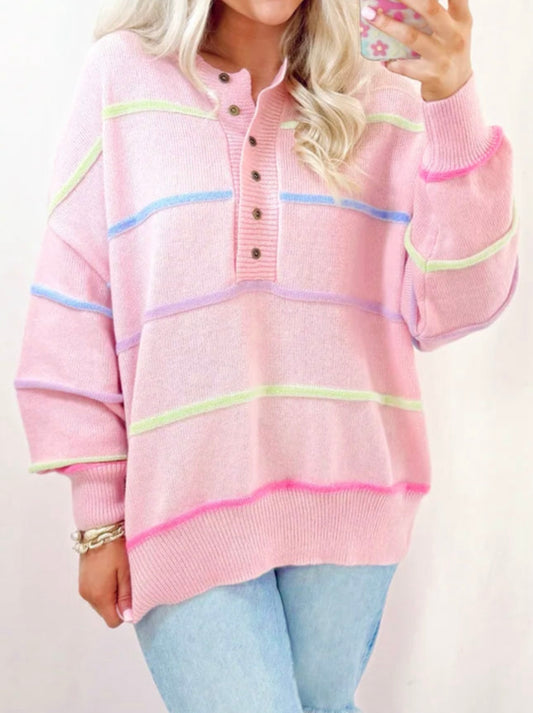 Pink Rainbow Stripes Drop Shoulder Baggy Henley Sweater