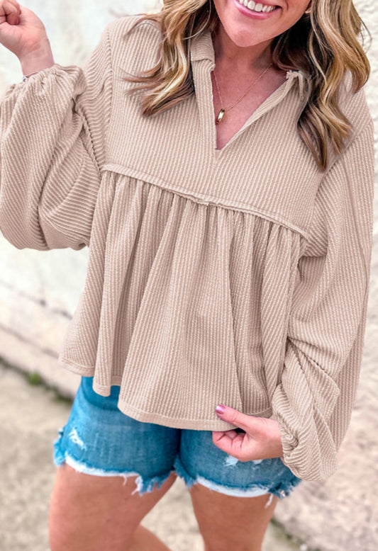 Tan Textured Bubble Sleeve Top