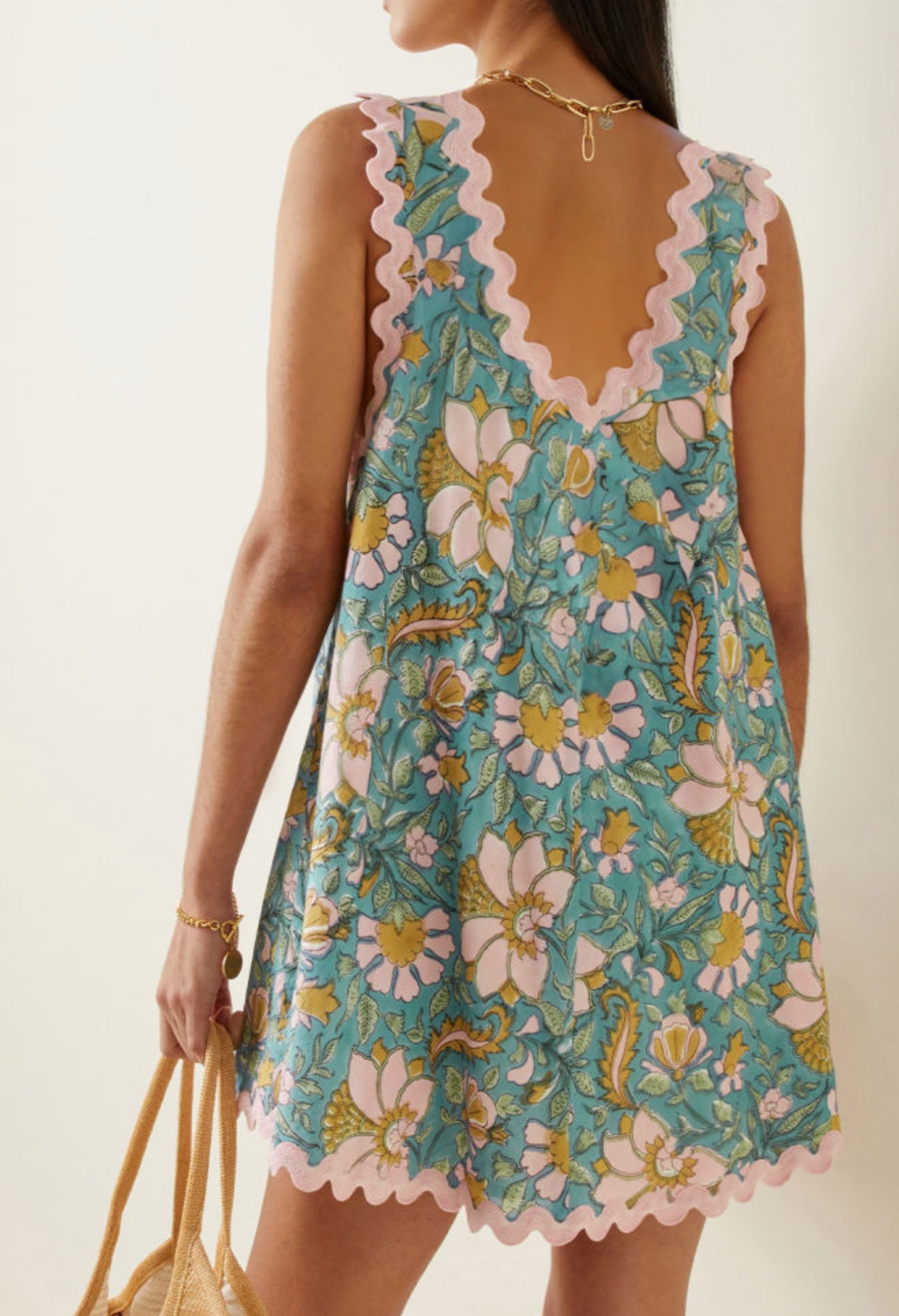 Sky Blue Floral Ricrac Trim V Neck
Shift Mini Tank Dress PREORDER