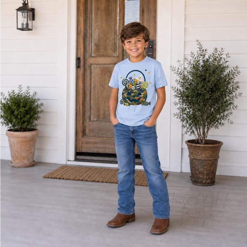 Boys Blue Camo Rabbit Skin Halloween Candy Bucket T- Shirt - PREORDER