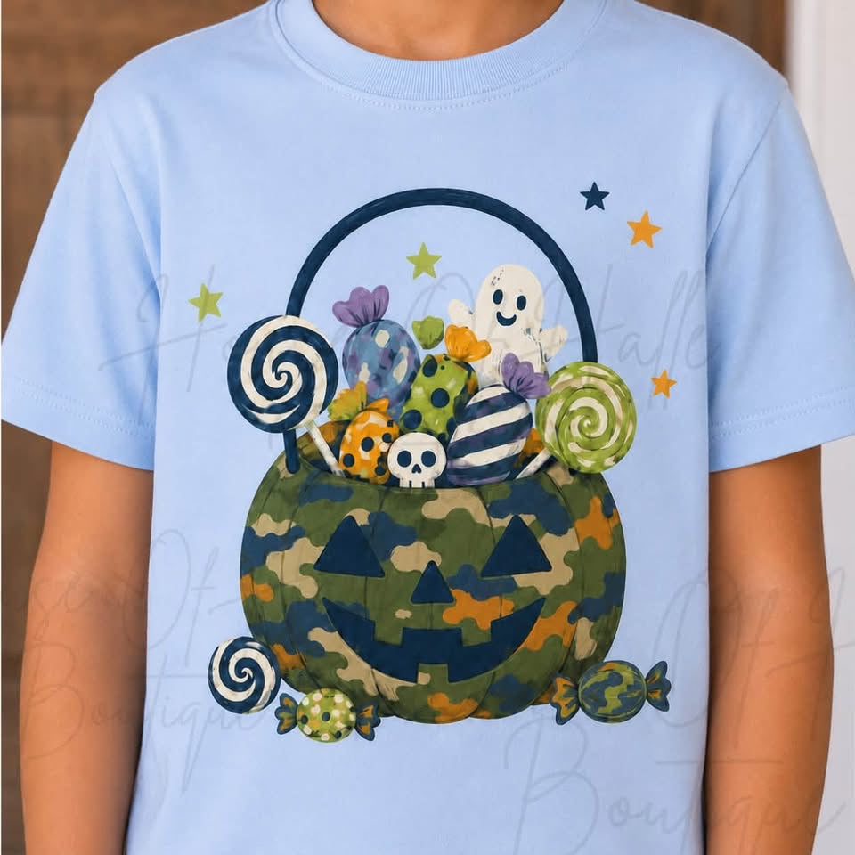 Boys Blue Camo Rabbit Skin Halloween Candy Bucket T- Shirt - PREORDER
