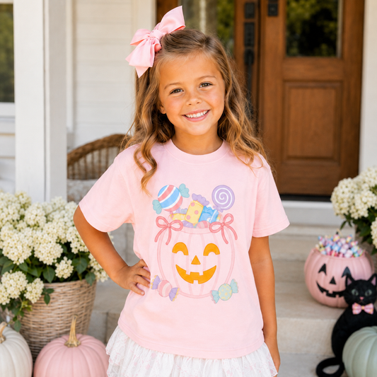 Girls Pink Gildan Halloween Candy Bucket T- Shirt - PREORDER