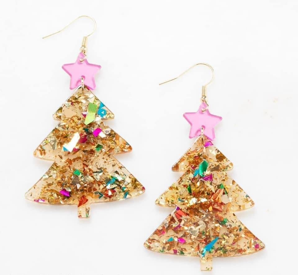 Pink Glitter Christmas Tree Earrings