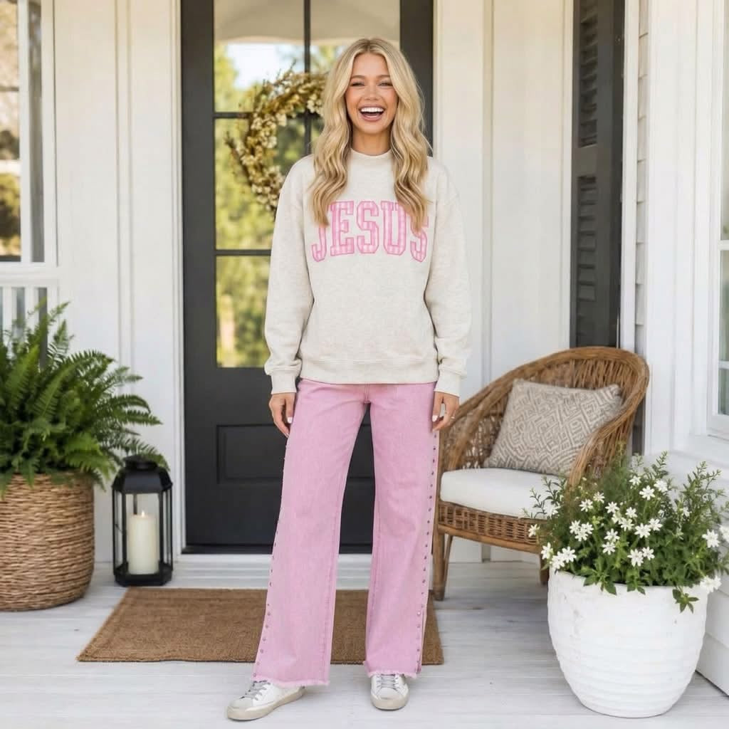 Gray High Neck Polka Dot Slogan Printed Baggy Sweatshirt - PREORDER