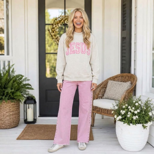 Gray High Neck Polka Dot Slogan Printed Baggy Sweatshirt - PREORDER