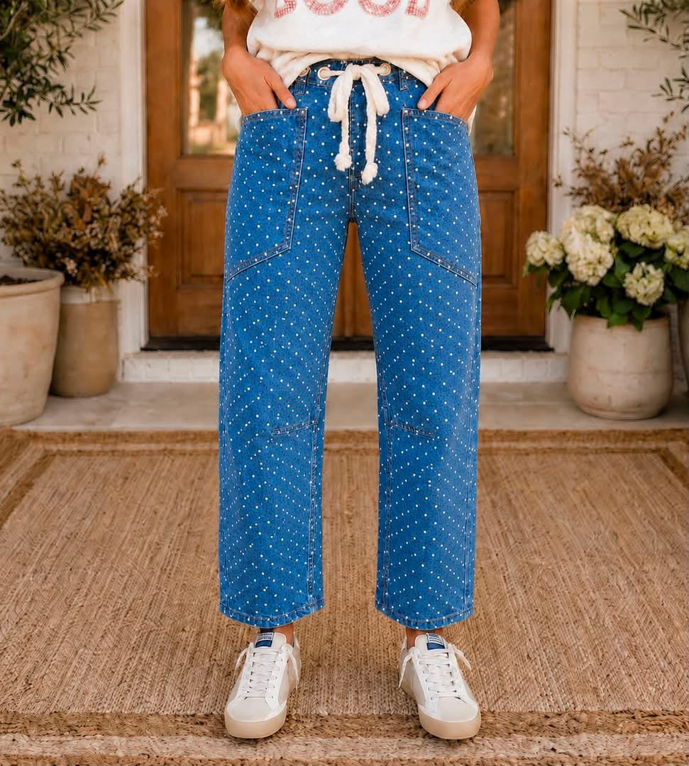 Blue Casual Polka Dot Ankle-Length Drawstring Jeans - PREORDER