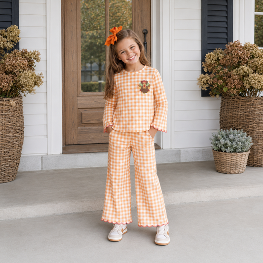 Girls Orange Gingham Embroidered Turkey Scallop Set - PREORDER
