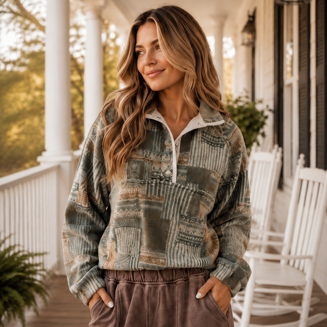 Green Western Print Fleece Pullover Long Sleeve Casual Fit Sweatshirt -PREORDER