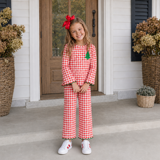 Girls Red Gingham Embroidered Christmas Tree Scallop Set - PREORDER