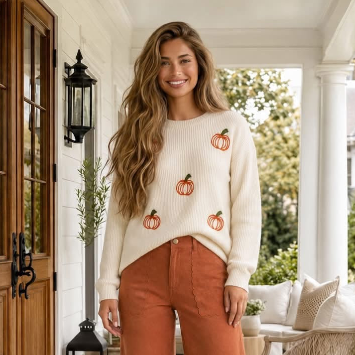 Beige Pumpkin Embroidered Ribbed Thanksgiving Halloween Holiday Sweater - PREORDER