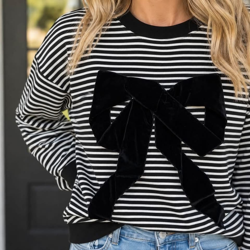 Black Stripe Velvet Bow Pattern Dropped Shoulder Loose Sweatshirt - PREORDER