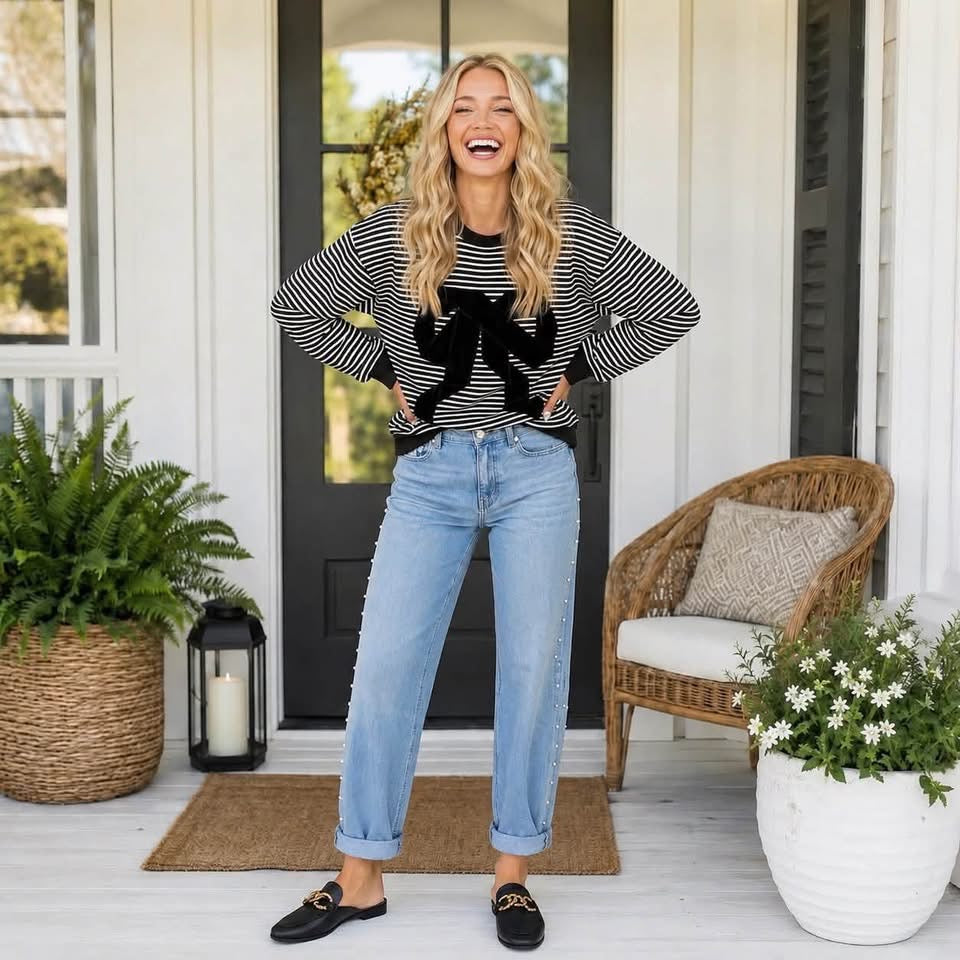 Black Stripe Velvet Bow Pattern Dropped Shoulder Loose Sweatshirt - PREORDER