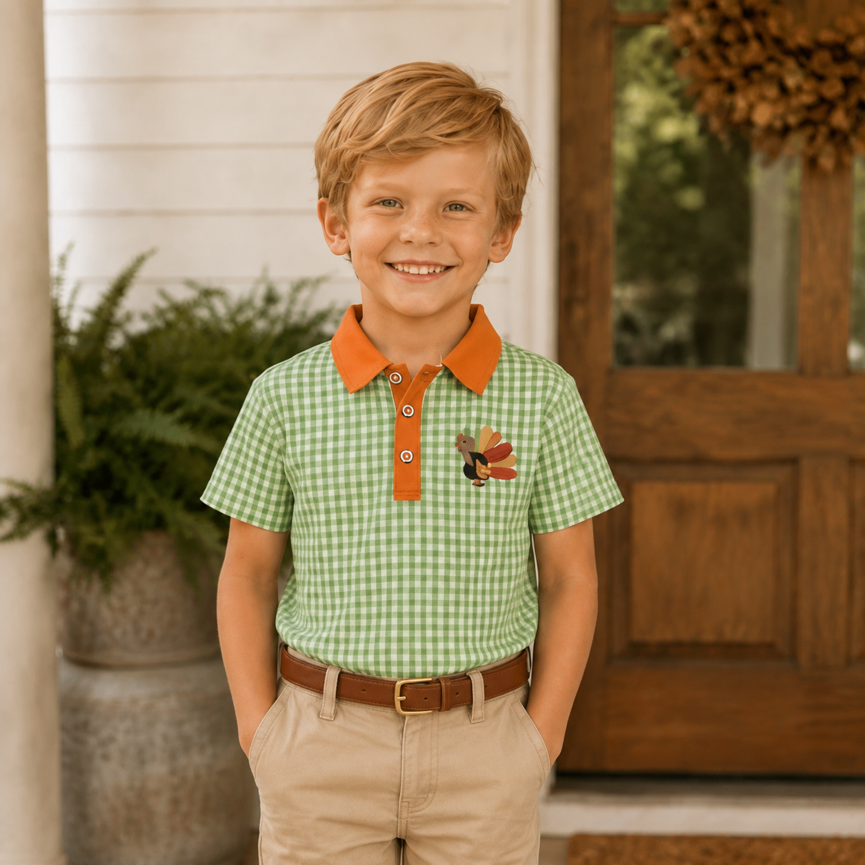 Boys Green Gingham Turkey Polo - PREORDER