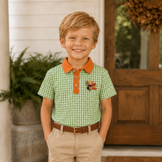 Boys Green Gingham Turkey Polo - PREORDER