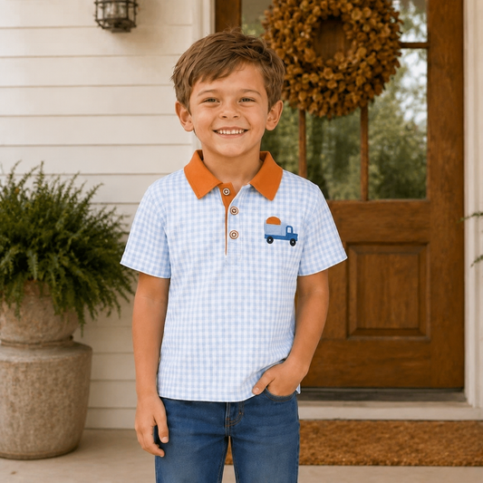 Boys Light Blue Gingham Pumpkin Truck Polo - PREORDER