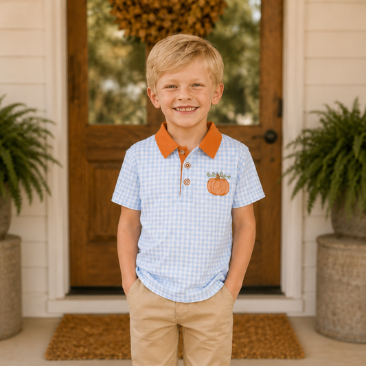 Boys Light Blue Gingham Pumpkin Polo - PREORDER