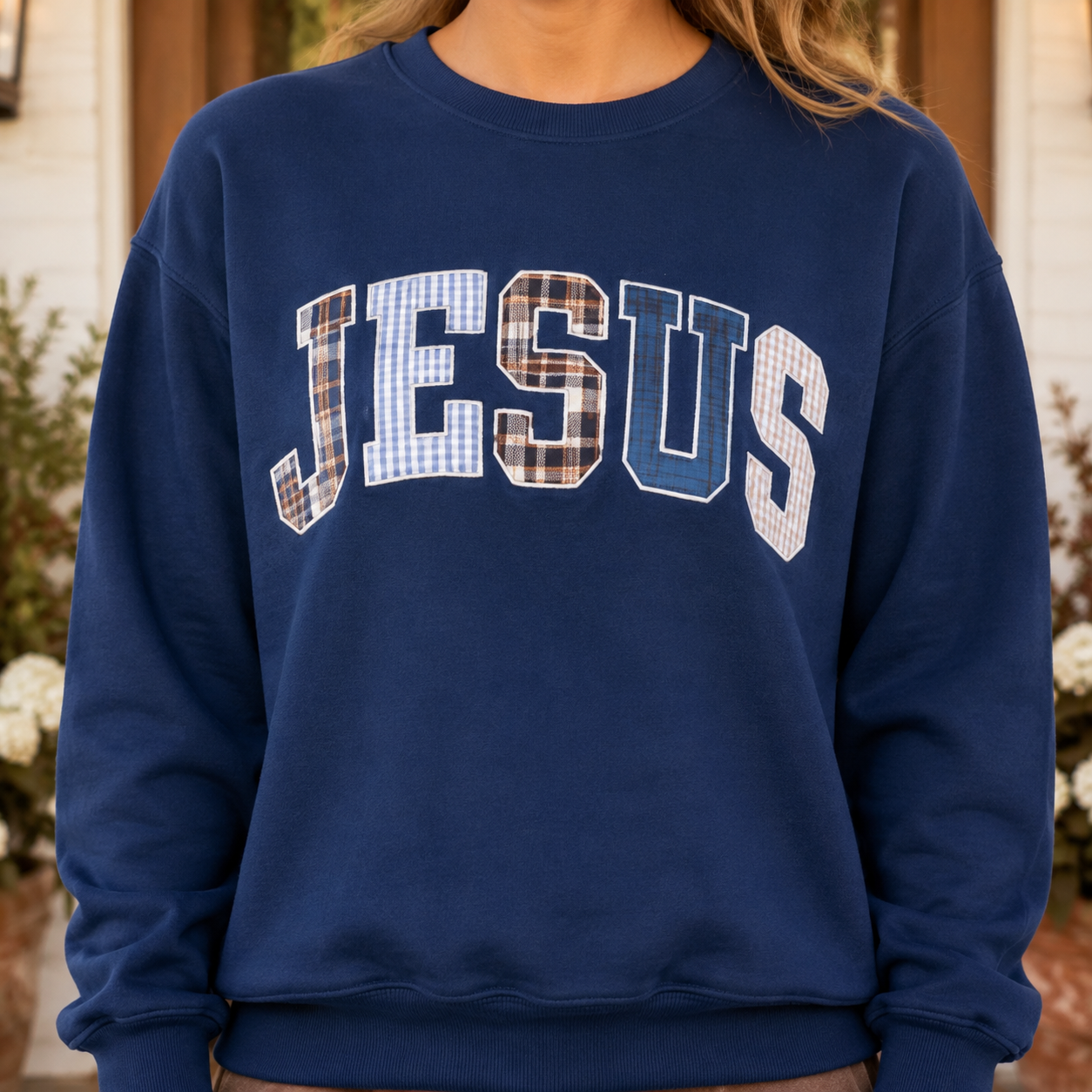 Navy Blue JESUS Mixed Pattern Embroidered Patch Graphic Mock Neck Sweatshirt - PREORDER