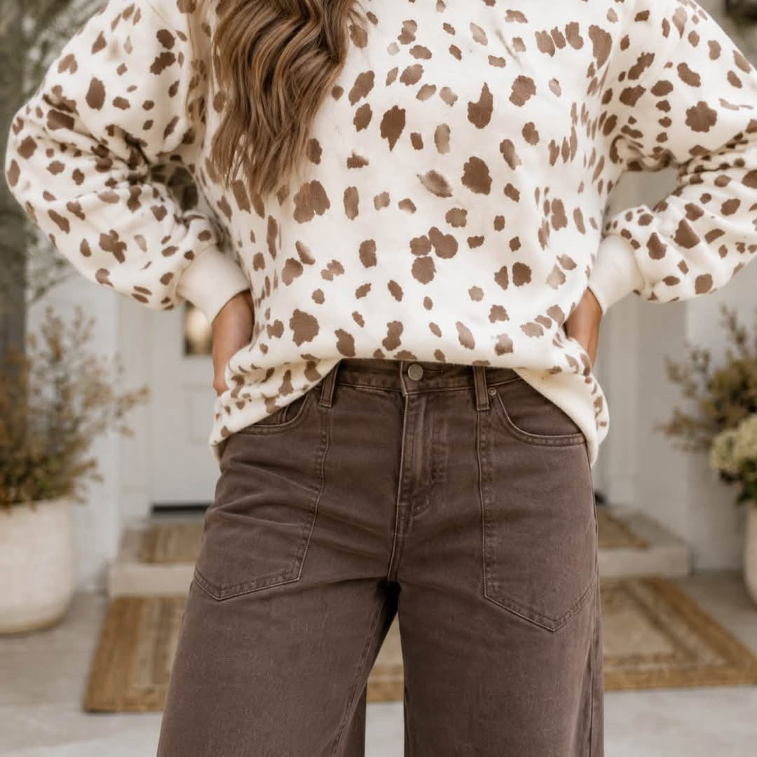 Brown Leopard Print Dropped Shoulder Round Neck Casual Sweatshirt - PREORDER