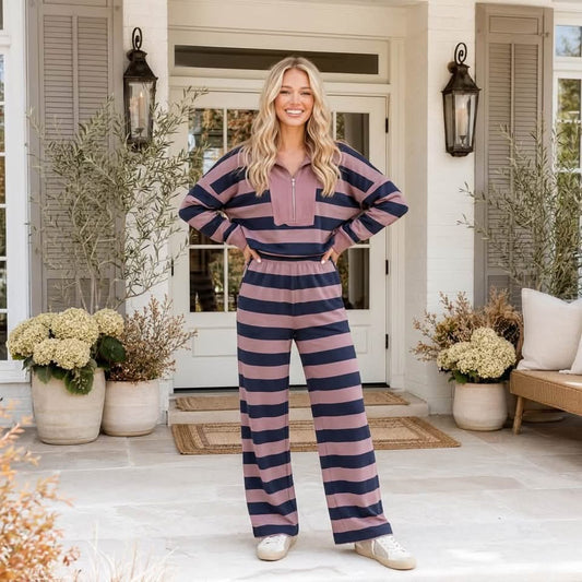 Blue Stripe Color Block Patchwork Zip Long Sleeve Top Elastic Waist Pants Set - PREORDER