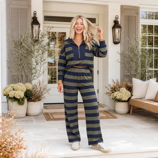 Green Stripe Color Block Patchwork Zip Long Sleeve Top Elastic Waist Pants Set - PREORDER