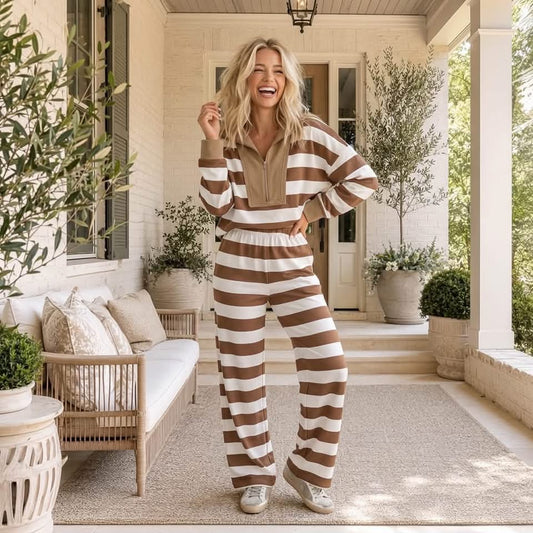 Brown Stripe Color Block Patchwork Zip Long Sleeve Top Elastic Waist Pants Set - PREORDER