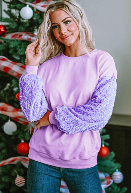 Orchid Petal Sequin Patchwork Long
Sleeve Pullover Top PREORDER