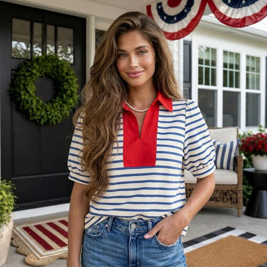 Blue Stripe Short Puff Sleeve Color Block Polo Collar Blouse