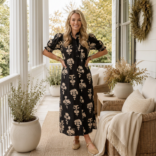 Black Floral Print Frilled Collar Short Puff Sleeve Maxi Dress - PREORDER