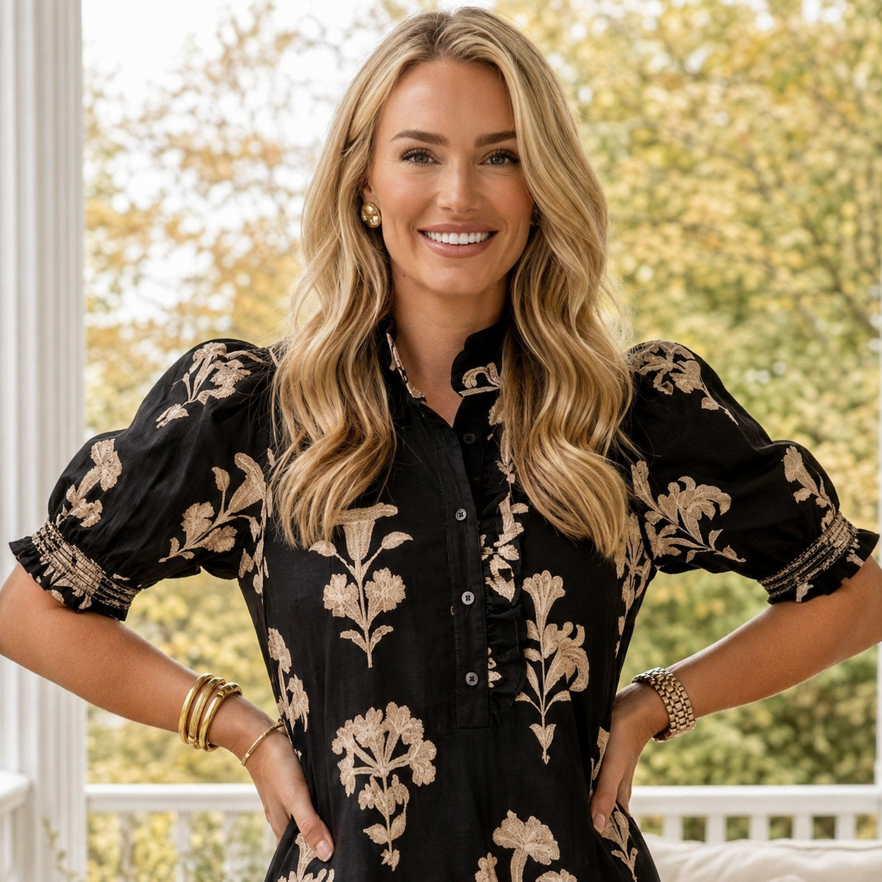 Black Floral Print Frilled Collar Short Puff Sleeve Maxi Dress - PREORDER