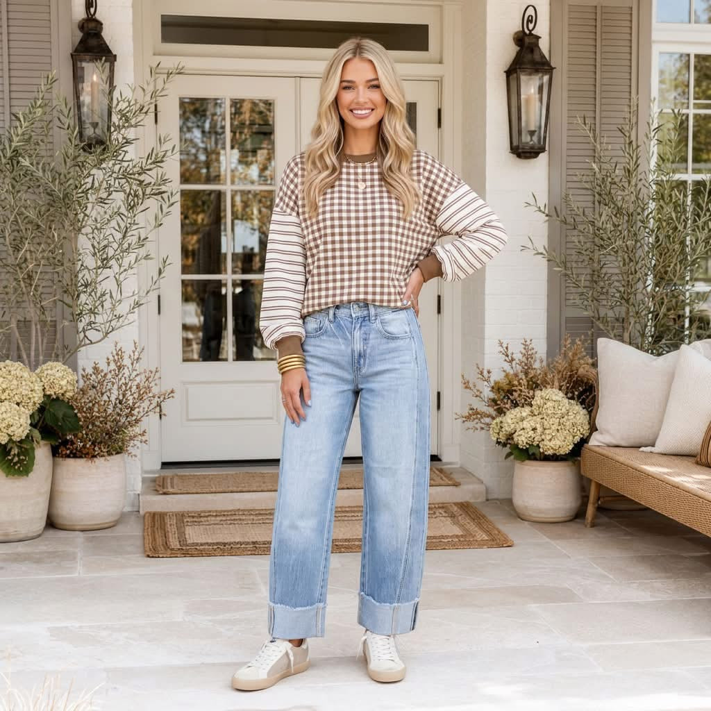 Brown Plaid Striped Patchwork Long Sleeve Casual Top - PREORDER