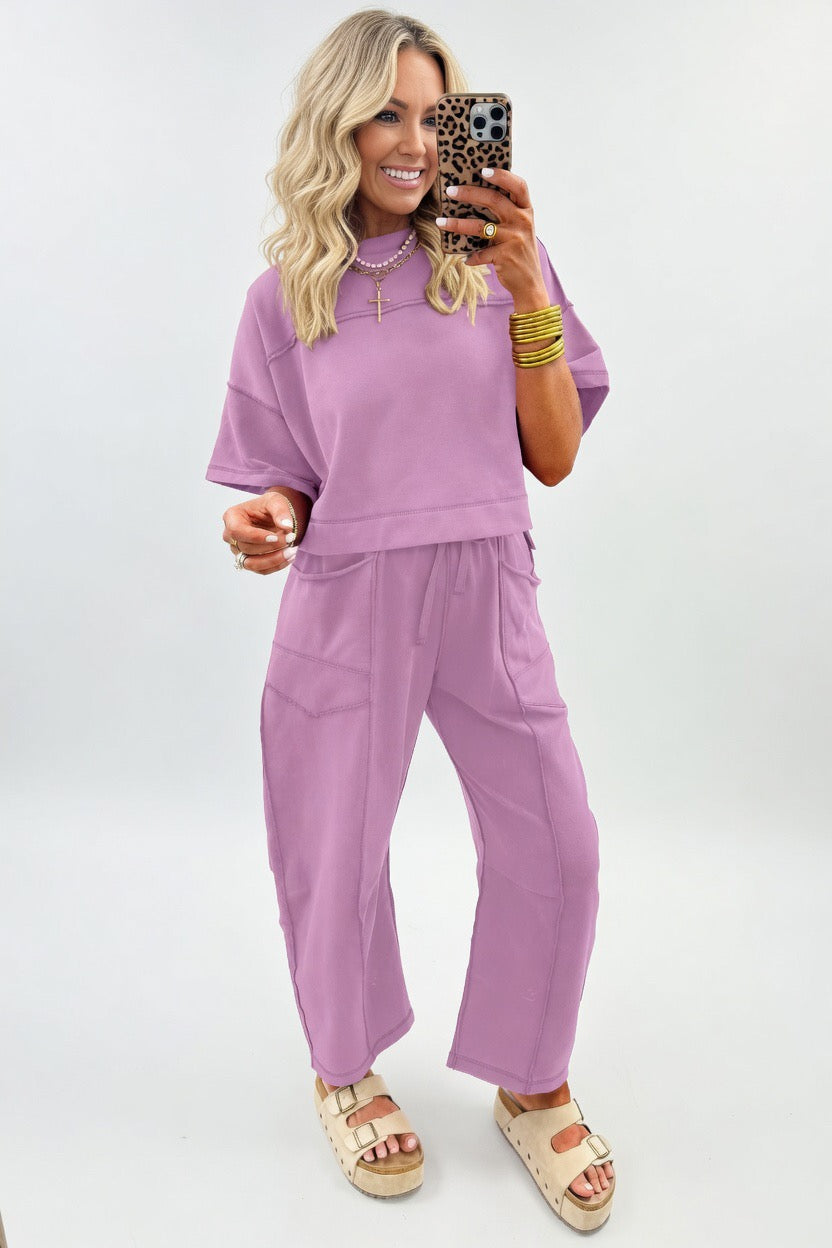 Orchid Bouquet Drop Shoulder Boxy Tee and Barrel Pants Set