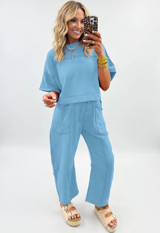 Sky Blue Drop Shoulder Boxy Tee and Barrel Pants Set