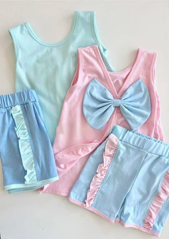 PINK & BLUE RUFFLE BOW SHORT SET - PREORDER