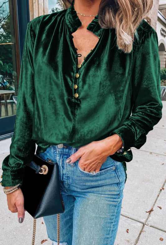 Green Frilled Neck Buttoned Front Velvet Top PREORDER