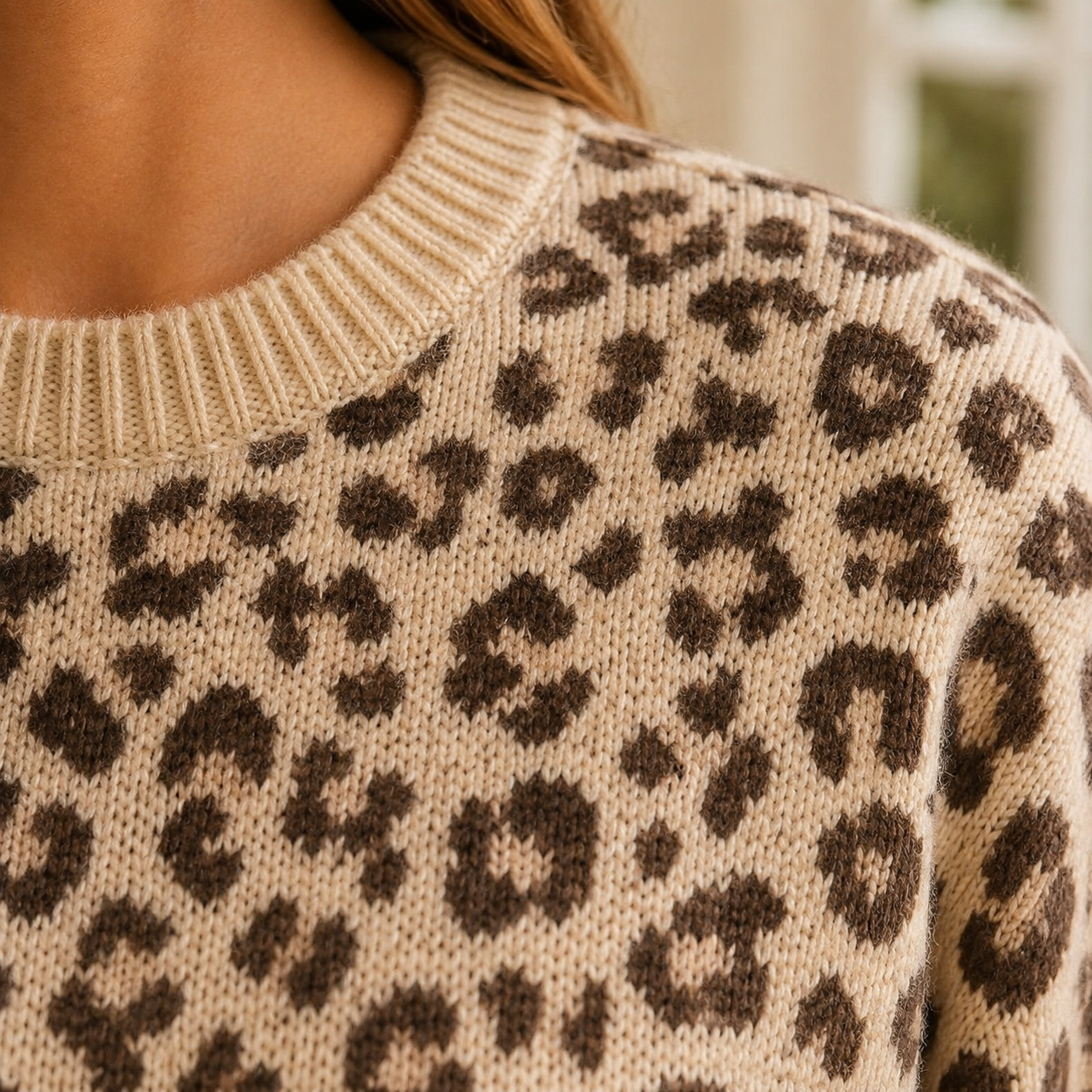 Beige Leopard Print Ribbed Color Block Trim Pullover Sweater - PREORDER